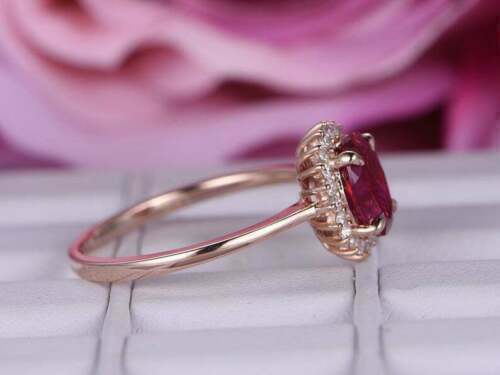3.00 Ct Oval Cut Red Ruby 14K Rose Gold Over On 925 Sterling Silver Halo Engagement Ring For Her