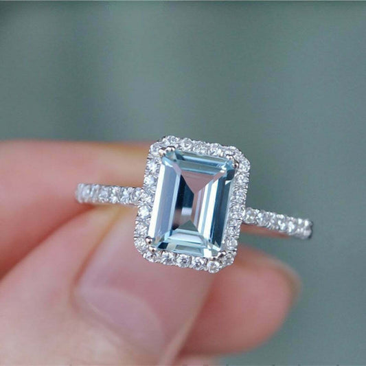2.50 Ct Emerald Cut Aquamarine Diamond Halo Engagement Ring In 925 Sterling Silver