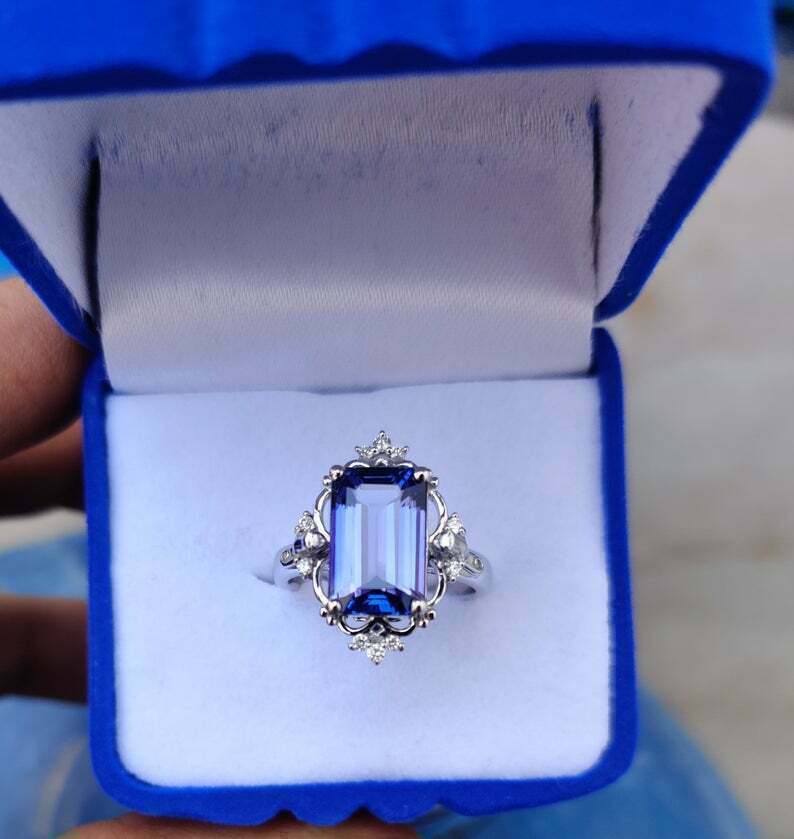 3.20 Ct Emerald Cut Blue Sapphire 925 Sterling Silver Solitaire W/Accents Stunning Engagement Ring