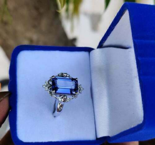 3.20 Ct Emerald Cut Blue Sapphire 925 Sterling Silver Solitaire W/Accents Stunning Engagement Ring