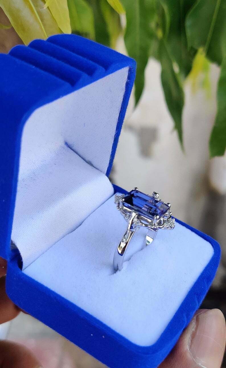 3.20 Ct Emerald Cut Blue Sapphire 925 Sterling Silver Solitaire W/Accents Stunning Engagement Ring