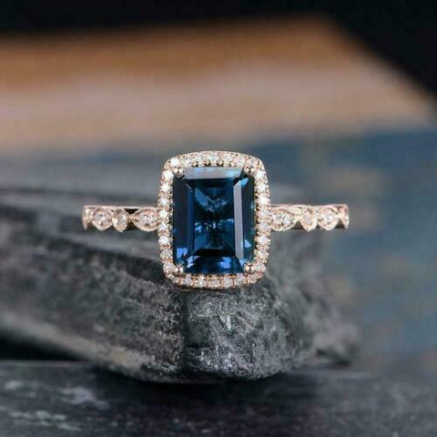3.20 Ct Emerald Cut London Blue Topaz Halo Engagement Ring 14K Rose Gold Over On 925 Silver