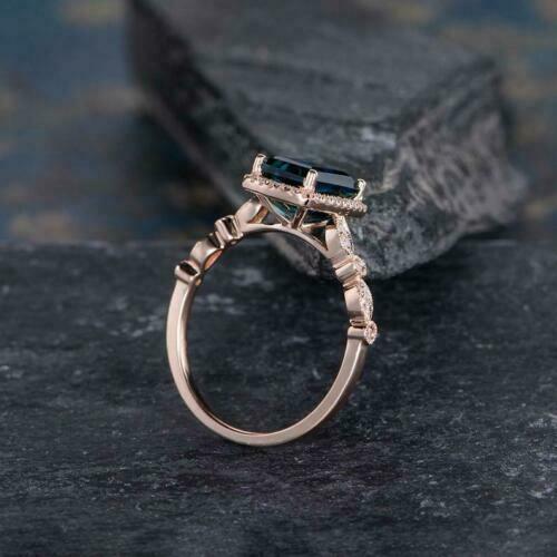 3.20 Ct Emerald Cut London Blue Topaz Halo Engagement Ring 14K Rose Gold Over On 925 Silver