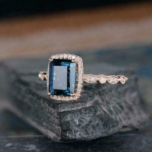 3.20 Ct Emerald Cut London Blue Topaz Halo Engagement Ring 14K Rose Gold Over On 925 Silver