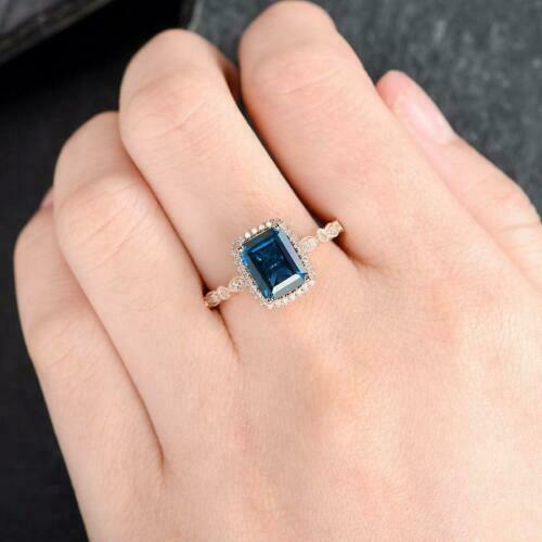 3.20 Ct Emerald Cut London Blue Topaz Halo Engagement Ring 14K Rose Gold Over On 925 Silver