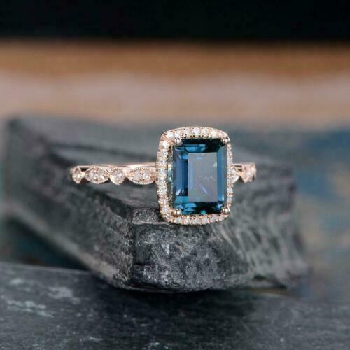 3.20 Ct Emerald Cut London Blue Topaz Halo Engagement Ring 14K Rose Gold Over On 925 Silver