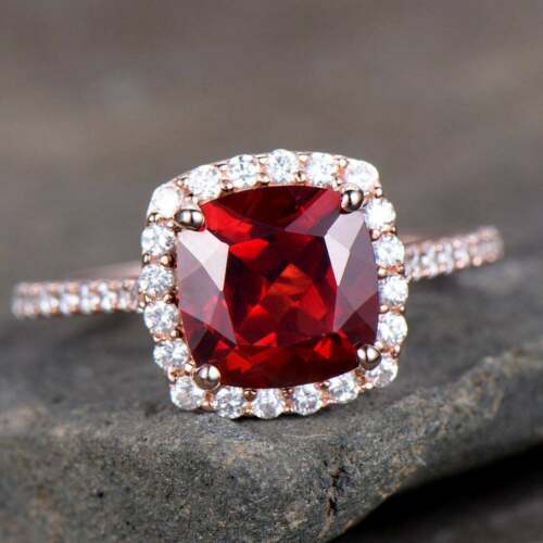 2.25 Ct Cushion Cut Red Garnet Halo Wedding Engagement Ring 925 Sterling Silver
