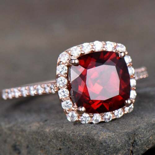 2.25 Ct Cushion Cut Red Garnet Halo Wedding Engagement Ring 925 Sterling Silver