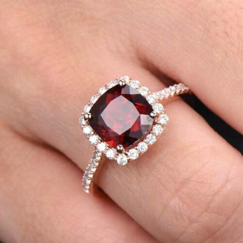 2.25 Ct Cushion Cut Red Garnet Halo Wedding Engagement Ring 925 Sterling Silver