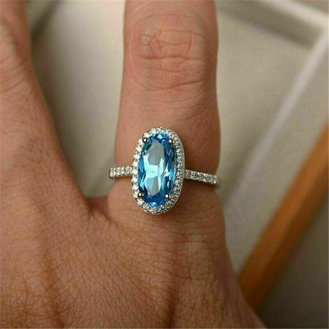 Elegant 925 Sterling Silver 3.50 CT Oval Cut Aquamarine Halo Engagement Ring