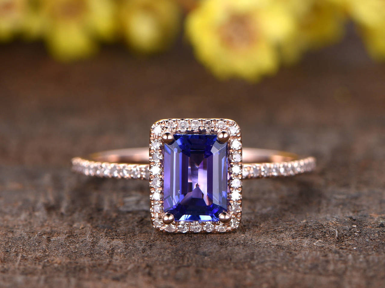 3.50 Ct Emerald Blue Tanzanite Halo Engagement Women's Ring 14K Rose Gold Over On 925 Sterling Silver