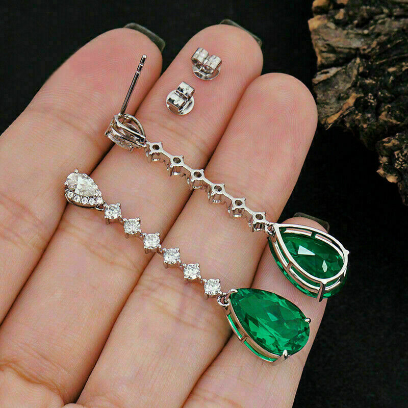 3.50 Ct Pear Cut Green Emerald Diamond Drop/Dangle Earrings In 925 Sterling Silver