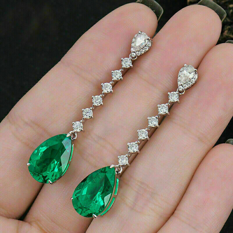 3.50 Ct Pear Cut Green Emerald Diamond Drop/Dangle Earrings In 925 Sterling Silver