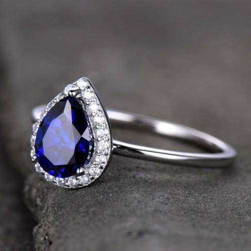 1.70 Ct Pear Cut Blue Sapphire Attractive Halo Diamond Promise Ring In 925 Sterling Silver
