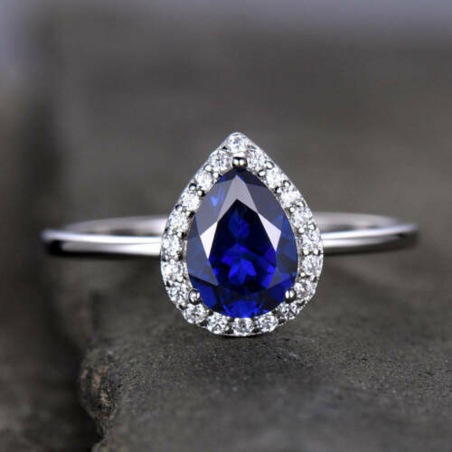 1.70 Ct Pear Cut Blue Sapphire Attractive Halo Diamond Promise Ring In 925 Sterling Silver