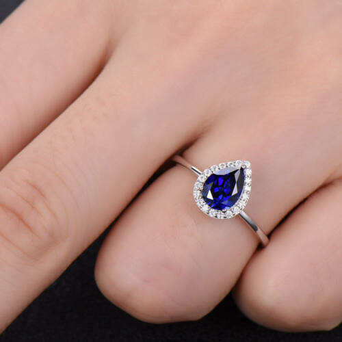 1.70 Ct Pear Cut Blue Sapphire Attractive Halo Diamond Promise Ring In 925 Sterling Silver