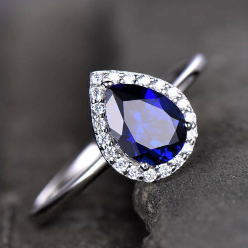1.70 Ct Pear Cut Blue Sapphire Attractive Halo Diamond Promise Ring In 925 Sterling Silver