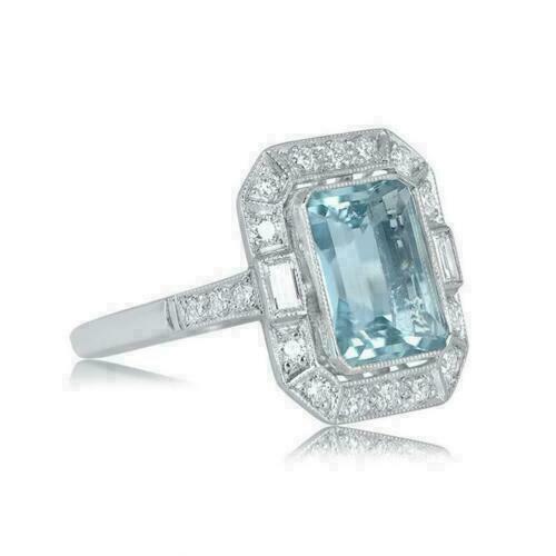 3 Ct Emerald Cut Aquamarine Diamond 925 Sterling Silver Vintage Halo Women's Ring