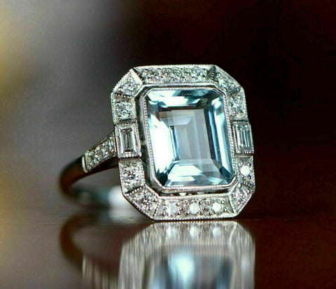 3 Ct Emerald Cut Aquamarine Diamond 925 Sterling Silver Vintage Halo Women's Ring