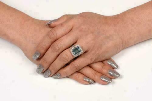 3 Ct Emerald Cut Aquamarine Diamond 925 Sterling Silver Vintage Halo Women's Ring
