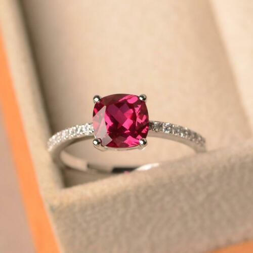 2.50 Ct Cushion Cut Red Ruby 925 Sterling Silver Solitaire W/Accents Anniversary Gift Ring
