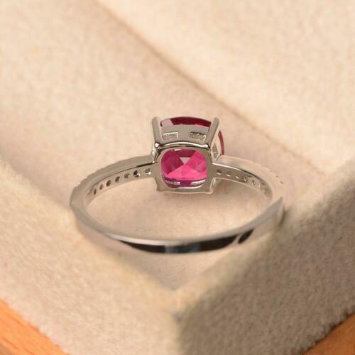 2.50 Ct Cushion Cut Red Ruby 925 Sterling Silver Solitaire W/Accents Anniversary Gift Ring