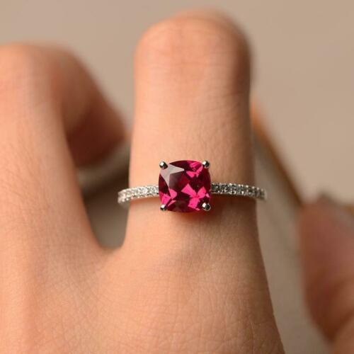 2.50 Ct Cushion Cut Red Ruby 925 Sterling Silver Solitaire W/Accents Anniversary Gift Ring