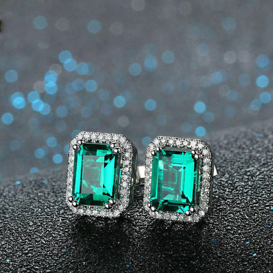 2.50 Ct Emerald Cut Green Emerald 925 Sterling Silver Halo Engagement Stud Earrings
