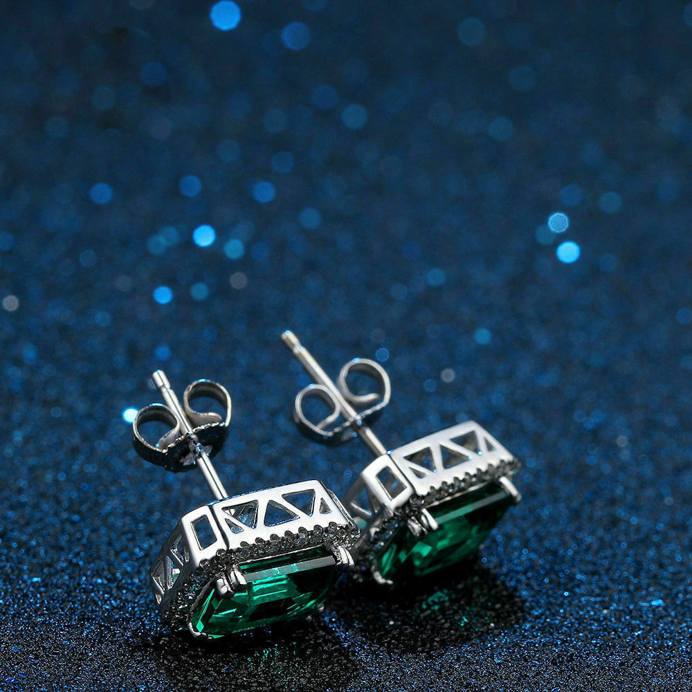 2.50 Ct Emerald Cut Green Emerald 925 Sterling Silver Halo Engagement Stud Earrings