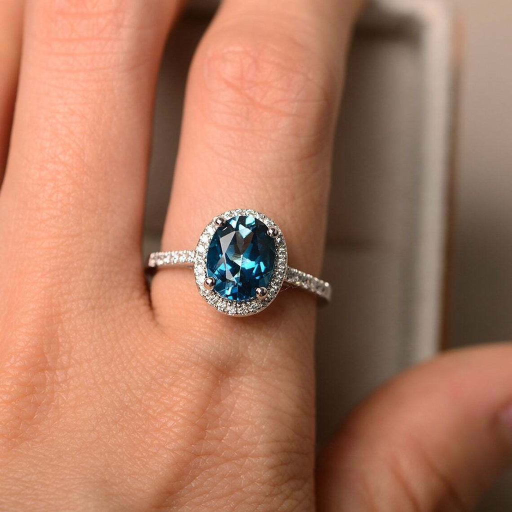 3 Ct Oval Cut London Blue Topaz 925 Sterling Silver Halo Engagement Wedding Ring