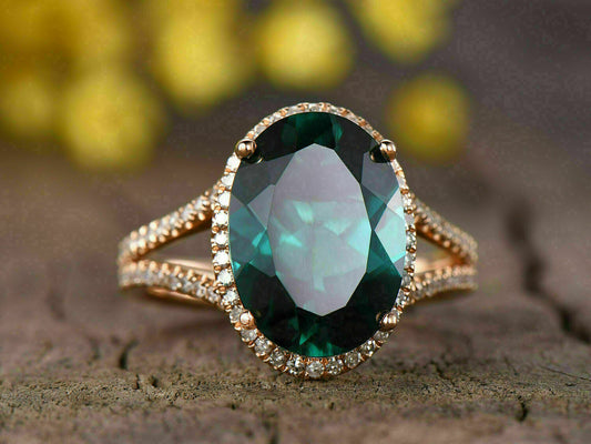 3 Ct Oval Cut Green Emerald Halo Engagement Ring For Women's 925 Sterling Silver