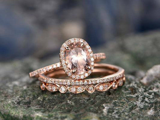 2.75 Ct Oval Cut Peach Morganite 925 Sterling Silver Engagement Wedding Trio Bridal Ring Set