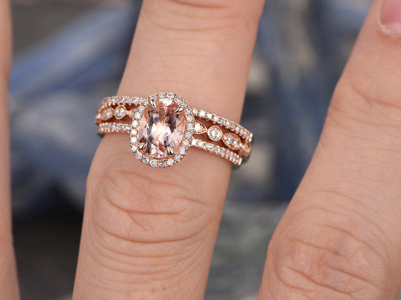 2.75 Ct Oval Cut Peach Morganite 925 Sterling Silver Engagement Wedding Trio Bridal Ring Set
