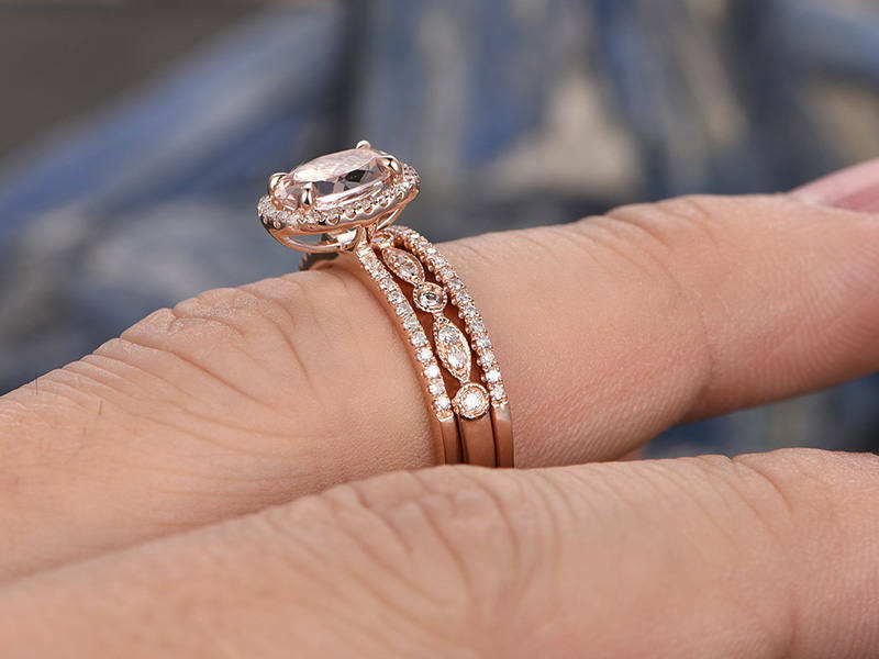 2.75 Ct Oval Cut Peach Morganite 925 Sterling Silver Engagement Wedding Trio Bridal Ring Set