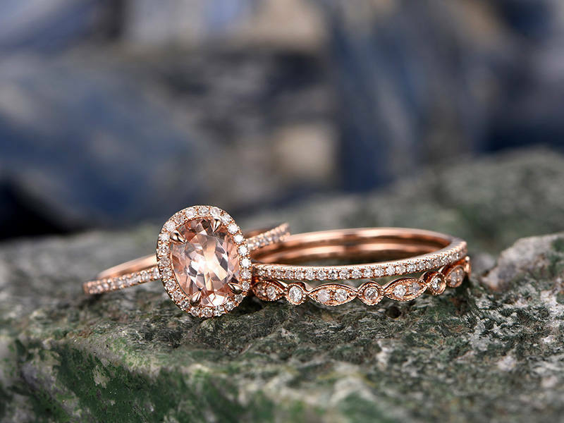 2.75 Ct Oval Cut Peach Morganite 925 Sterling Silver Engagement Wedding Trio Bridal Ring Set