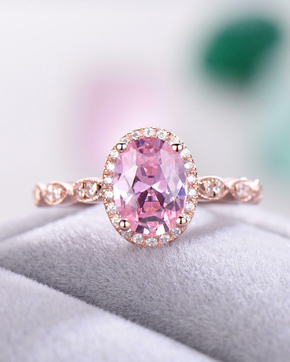 1.25 Ct Oval Cut Pink Sapphire Halo Engagement Ring In Rose gold Over On 925 Sterling Silver