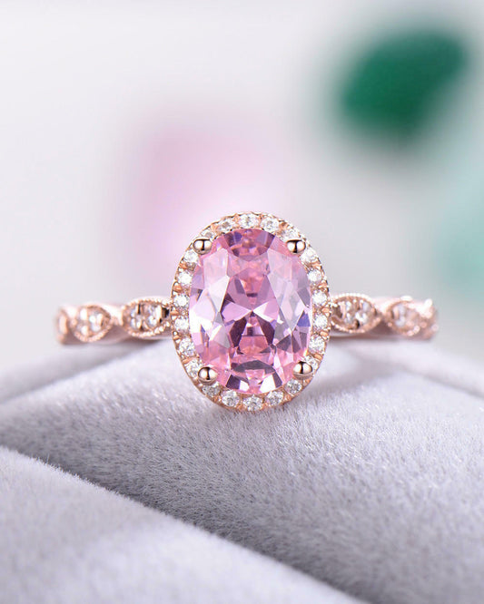 1.25 Ct Oval Cut Pink Sapphire Halo Engagement Ring In Rose gold Over On 925 Sterling Silver