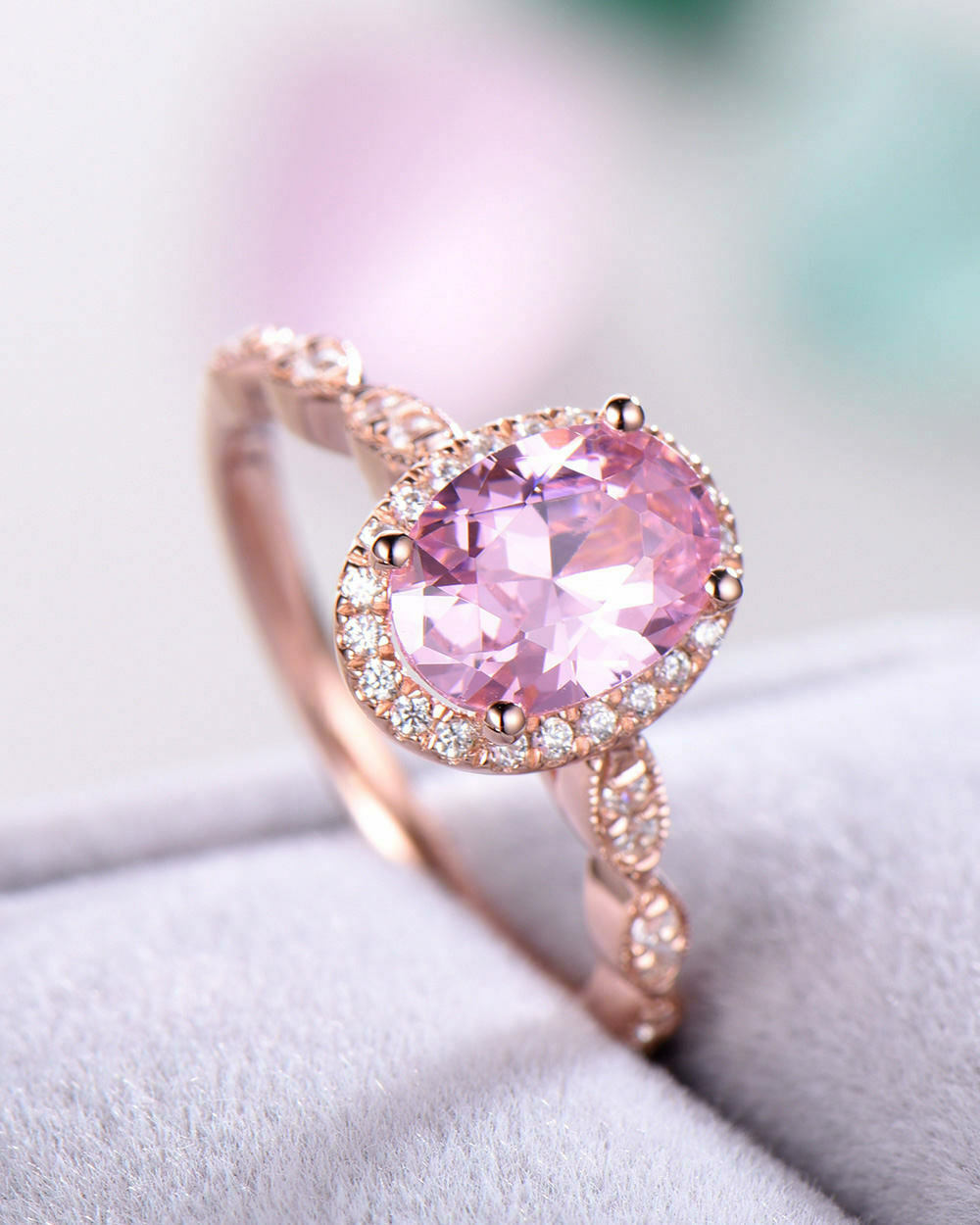 1.25 Ct Oval Cut Pink Sapphire Halo Engagement Ring In Rose gold Over On 925 Sterling Silver