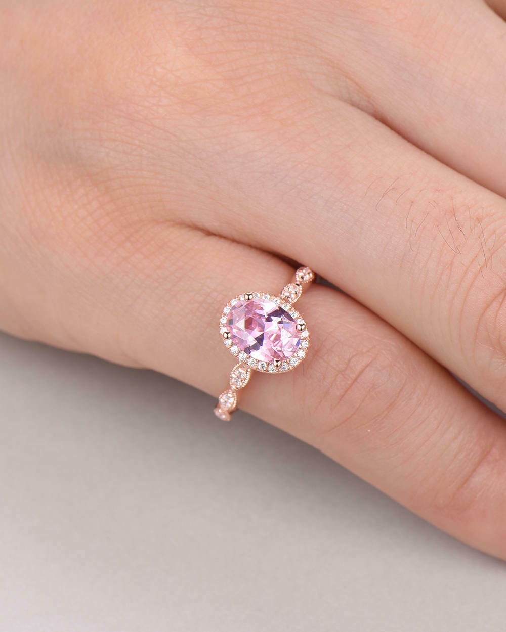 1.25 Ct Oval Cut Pink Sapphire Halo Engagement Ring In Rose gold Over On 925 Sterling Silver