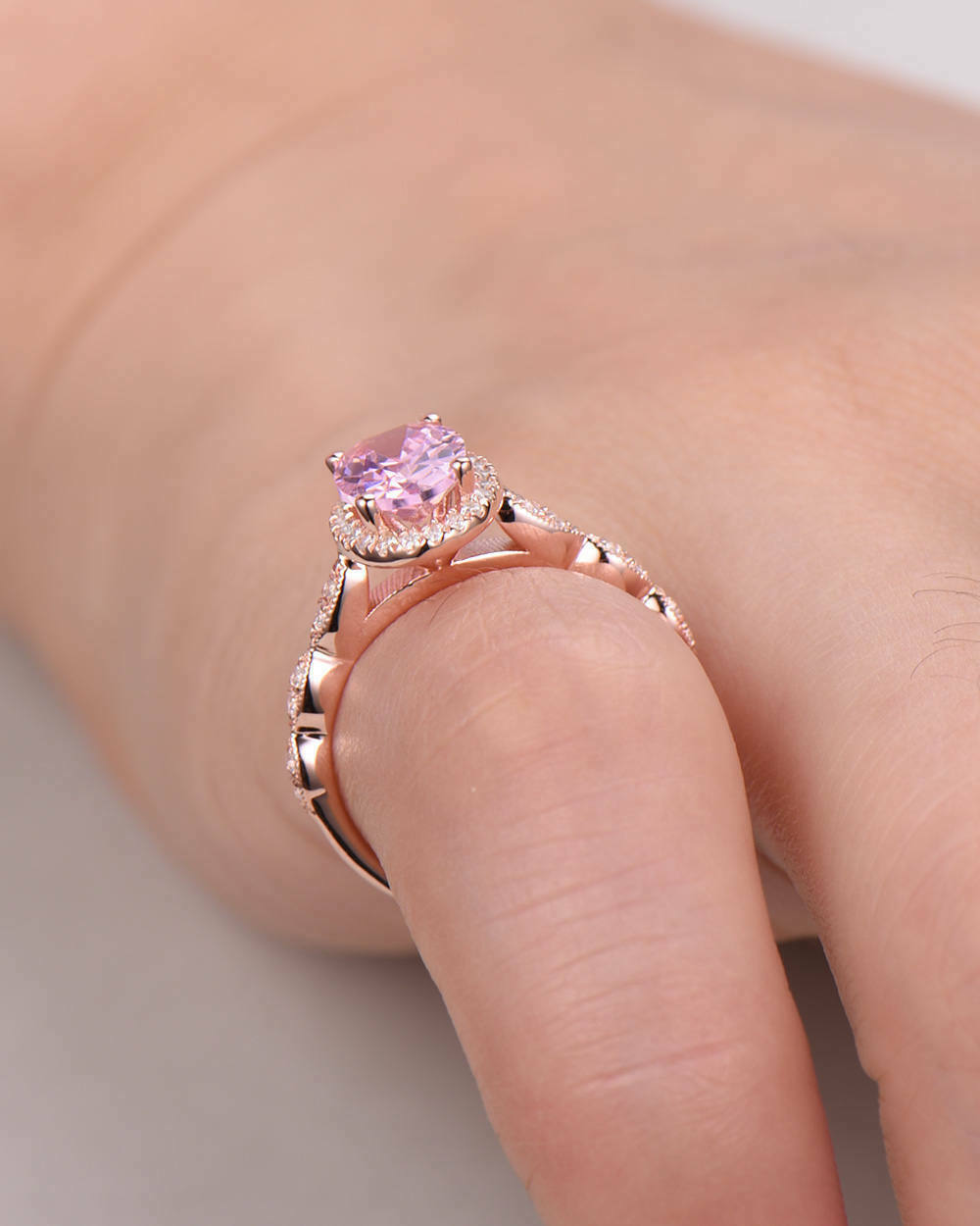 1.25 Ct Oval Cut Pink Sapphire Halo Engagement Ring In Rose gold Over On 925 Sterling Silver