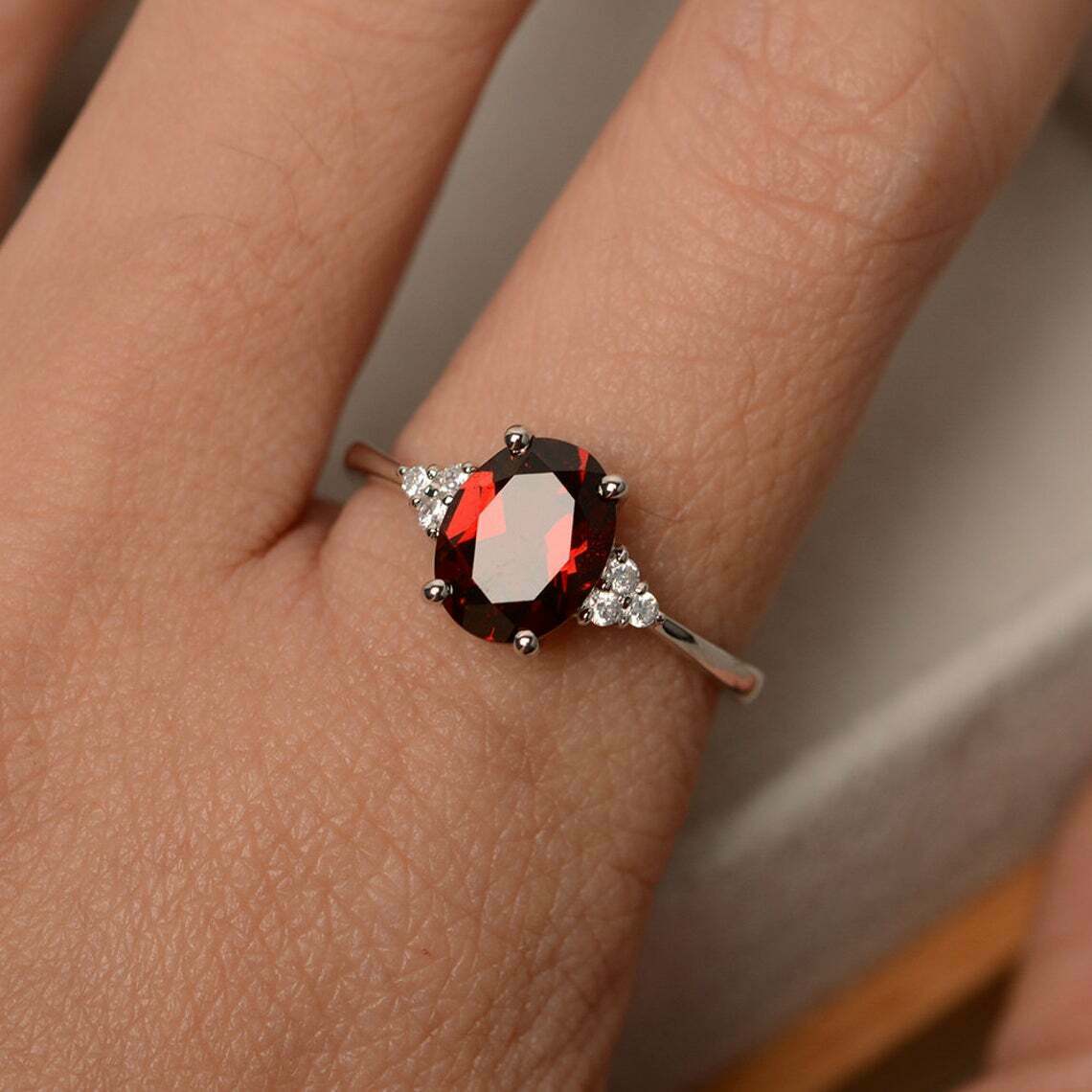 2.10 Ct Oval Cut Red Garnet Diamond 925 Sterling Silver Solitaire W/Accents Anniversary Ring - atjewels.in