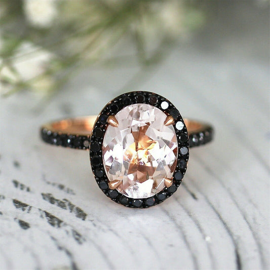 2.50 Ct Oval Peach Morganite & Black Diamond Halo Anniversary Gift Ring In 925 Sterling Silver