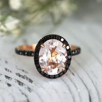 3.00 Ct Oval Peach Morganite Black Diamond Halo Engagement Ring Rose Gold Over On 925 Sterling Silver
