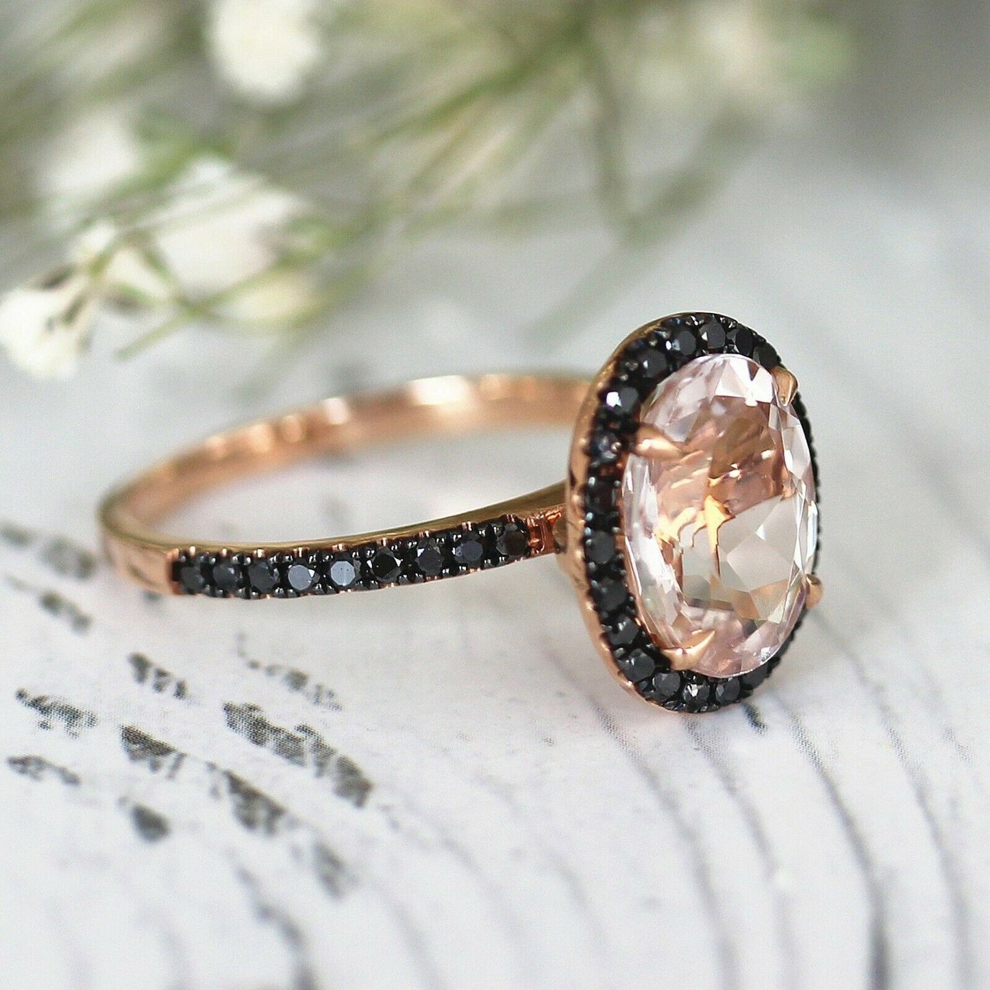 2.50 Ct Oval Peach Morganite & Black Diamond Halo Anniversary Gift Ring In 925 Sterling Silver