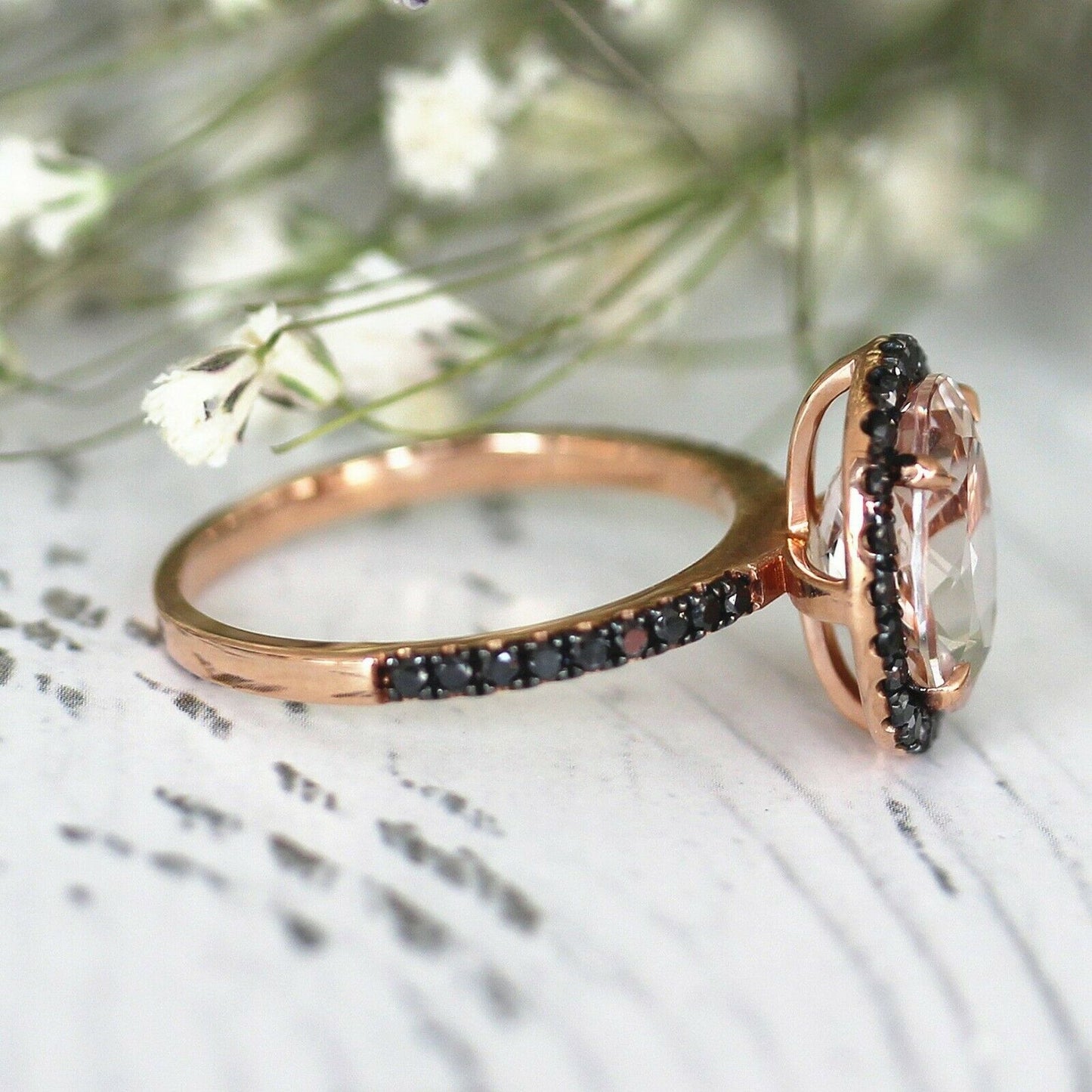 2.50 Ct Oval Peach Morganite & Black Diamond Halo Anniversary Gift Ring In 925 Sterling Silver