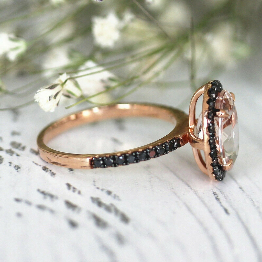 3.00 Ct Oval Peach Morganite Black Diamond Halo Engagement Ring Rose Gold Over On 925 Sterling Silver