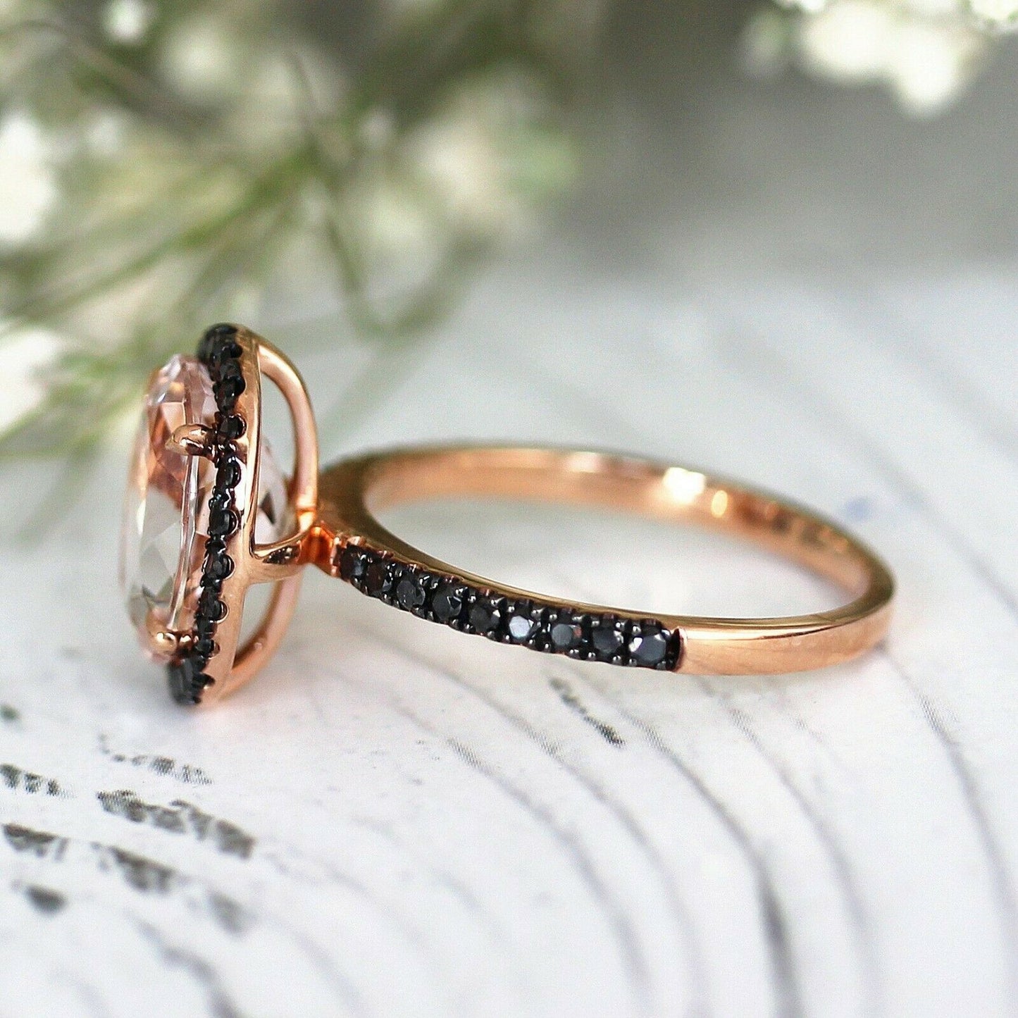 2.50 Ct Oval Peach Morganite & Black Diamond Halo Anniversary Gift Ring In 925 Sterling Silver