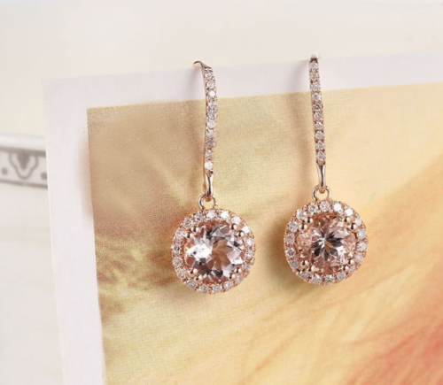 Ct Round Cut Morganite CZ Rose Gold Over On 925 Sterling Silver Dangle Halo Earrings