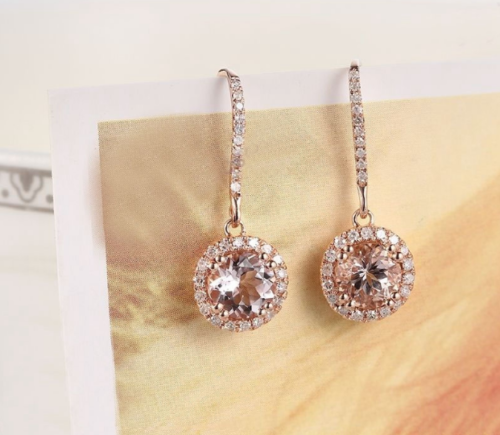 2.50 Ct Round Cut Morganite & CZ Rose Gold Over On 925 Sterling Silver Dangle Halo Earrings