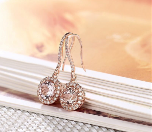 2.50 Ct Round Cut Morganite & CZ Rose Gold Over On 925 Sterling Silver Dangle Halo Earrings